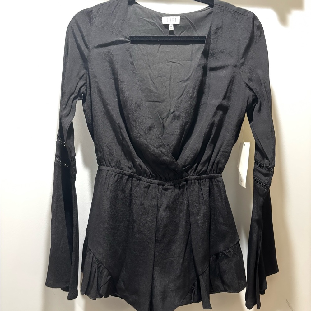 Tobi Black Long Sleeve Wrap Blouse